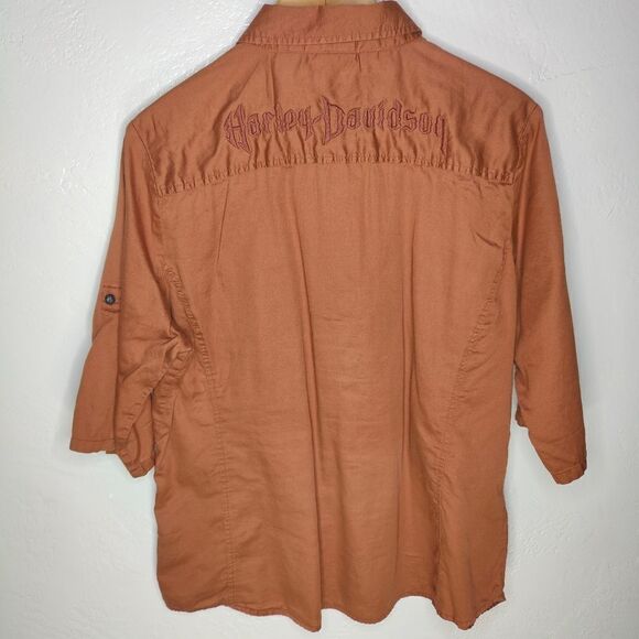 Harley Davidson Embroidered Rust Orange Button Down Top - Picture 3 of 15